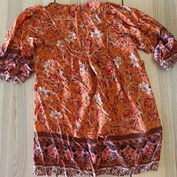 Temofun Indian inspired tunic orange print with ties at the neckline - M - Picture 5 of 5